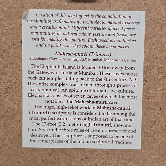 Framed Wood TRIMURTI ELEPHANTAE MAHESHA-MURTI handpicked Indian Art Picture - Picture 6 of 7